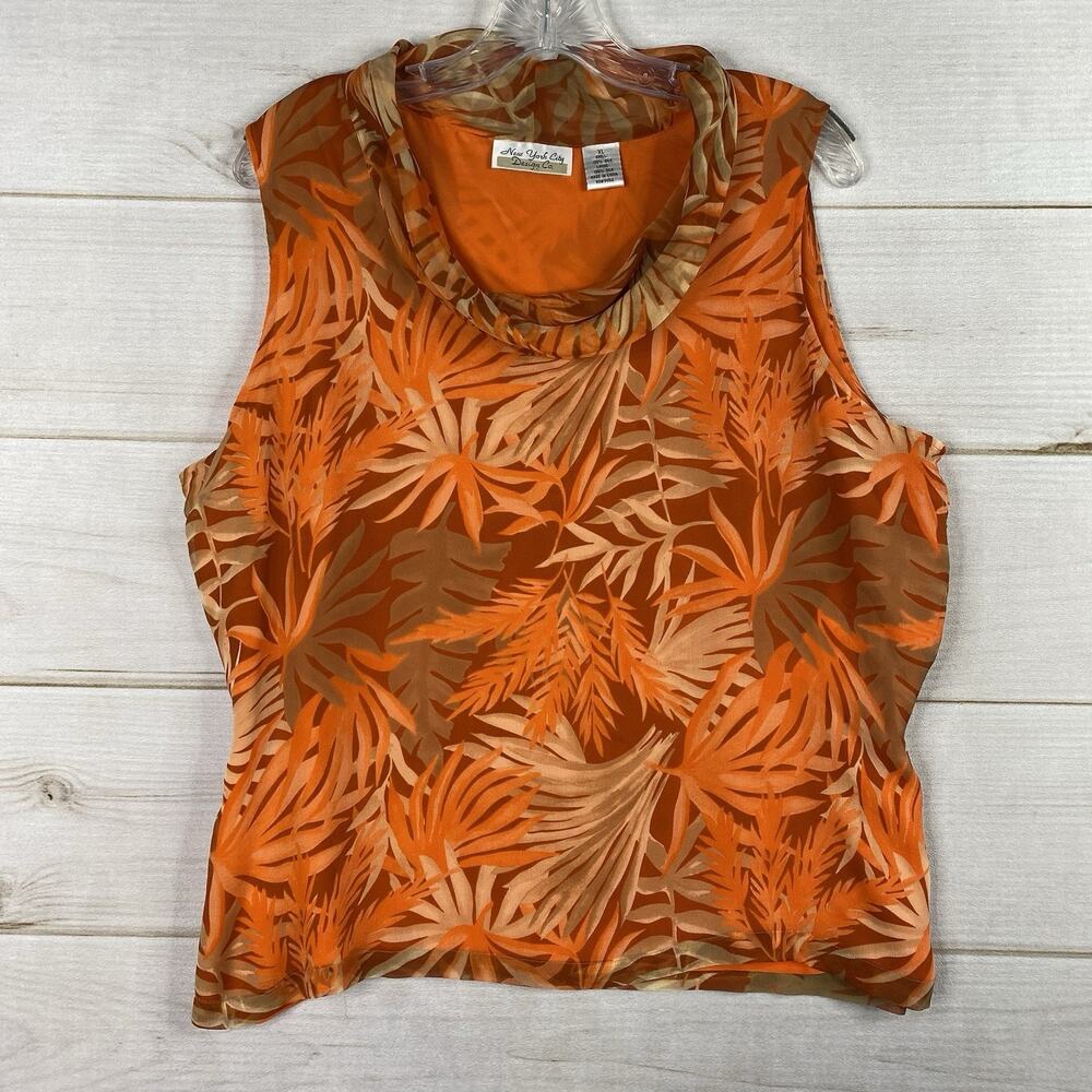 Y2K New York City Design Co Silk Top Womens XL Orange Floral Draped Neck Lined